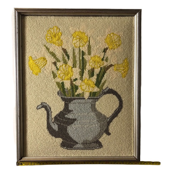 Large Vintage Cross Stitch Needlepoint Tapestry Style Tea Flowers Garden Teapot - Picture 8 of 11